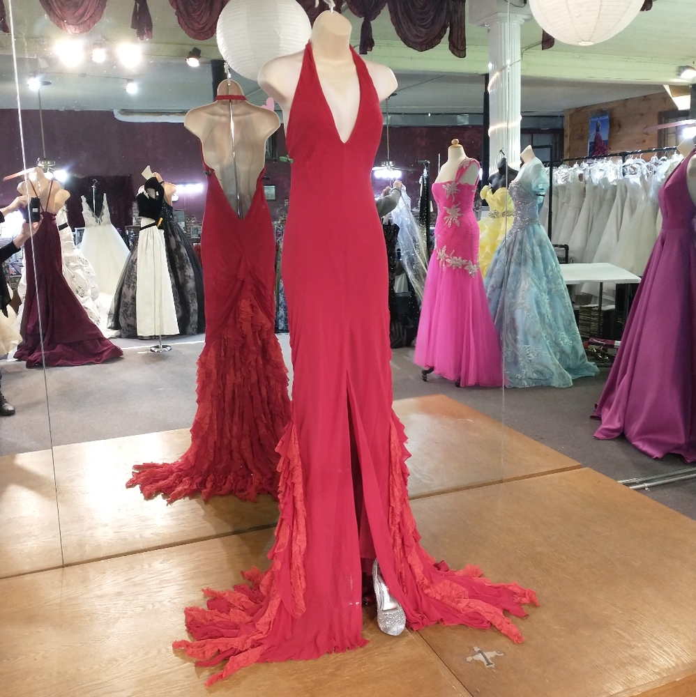 100% Silk "Beyond" Lace Ruffle Front Slit Dress